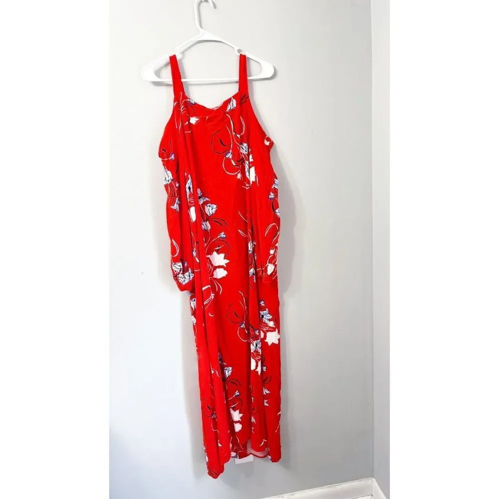 Yas Womens Red Maxi Dress Large Bluebells LS Ancle Floral Cold Shoulder - Picture 4 of 12